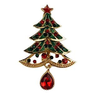 Brooch Christmas Tree Holiday Crystal Dangle Rhinestone Gold Tone